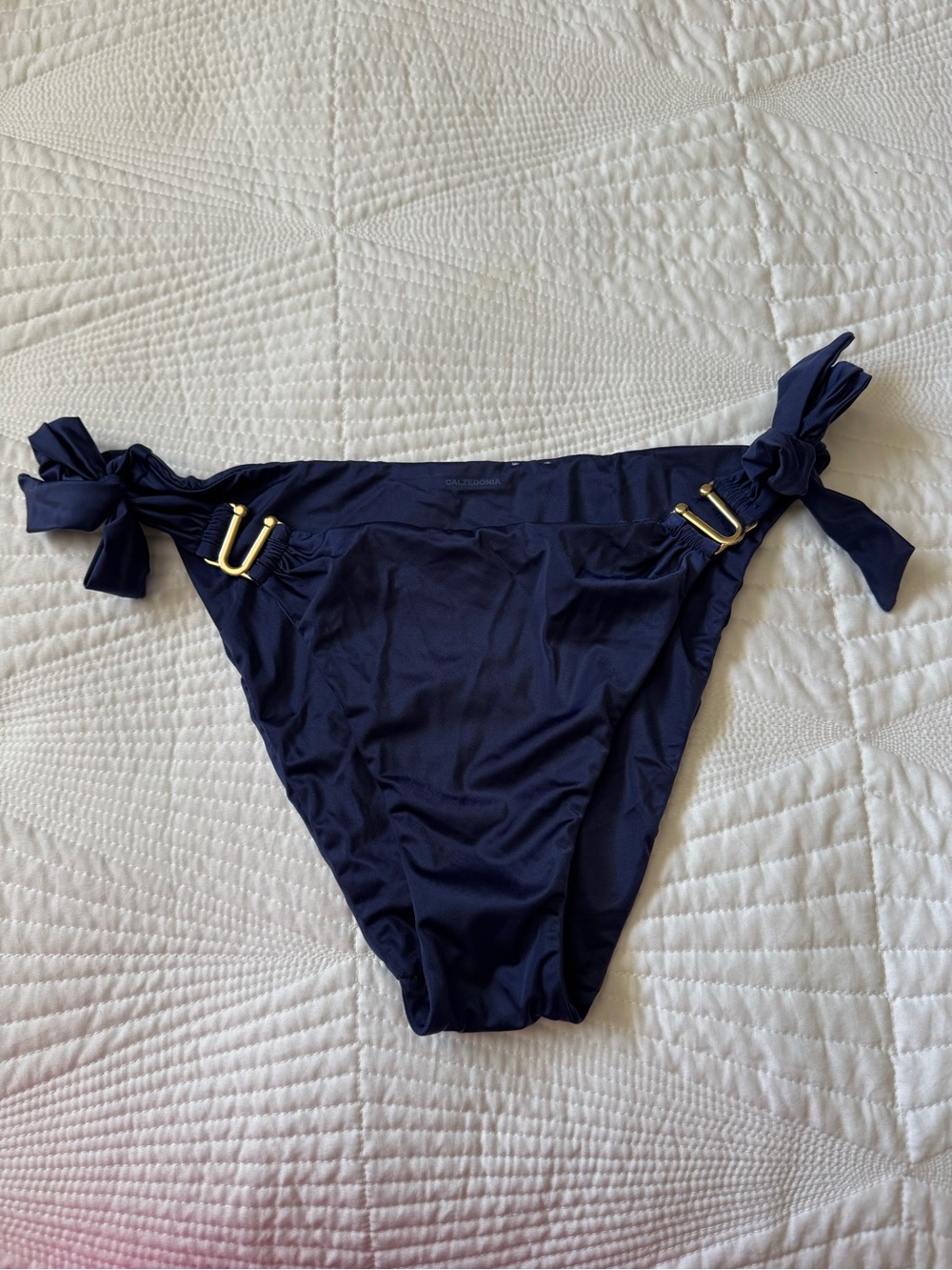 Navy Tie-Side Bikini Bottoms with Gold Accents